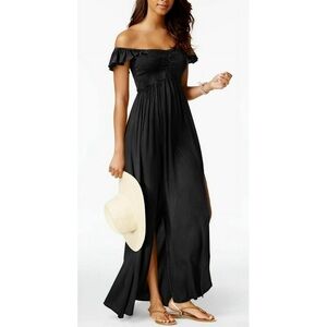 Raviya Black Smocked Off-the-Shoulder Ruffled Maxi Dress